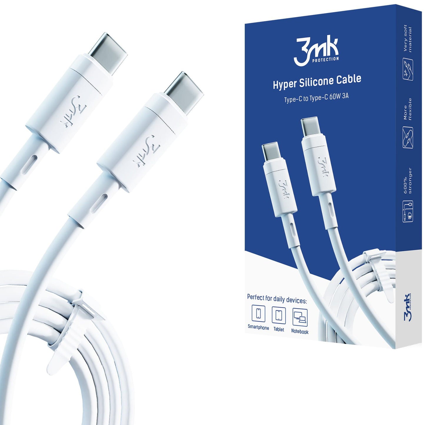 USB-C kabl za prenos podataka i punjenje - USB-C 3MK Hyper Silicone, 60W, 1m, Bela