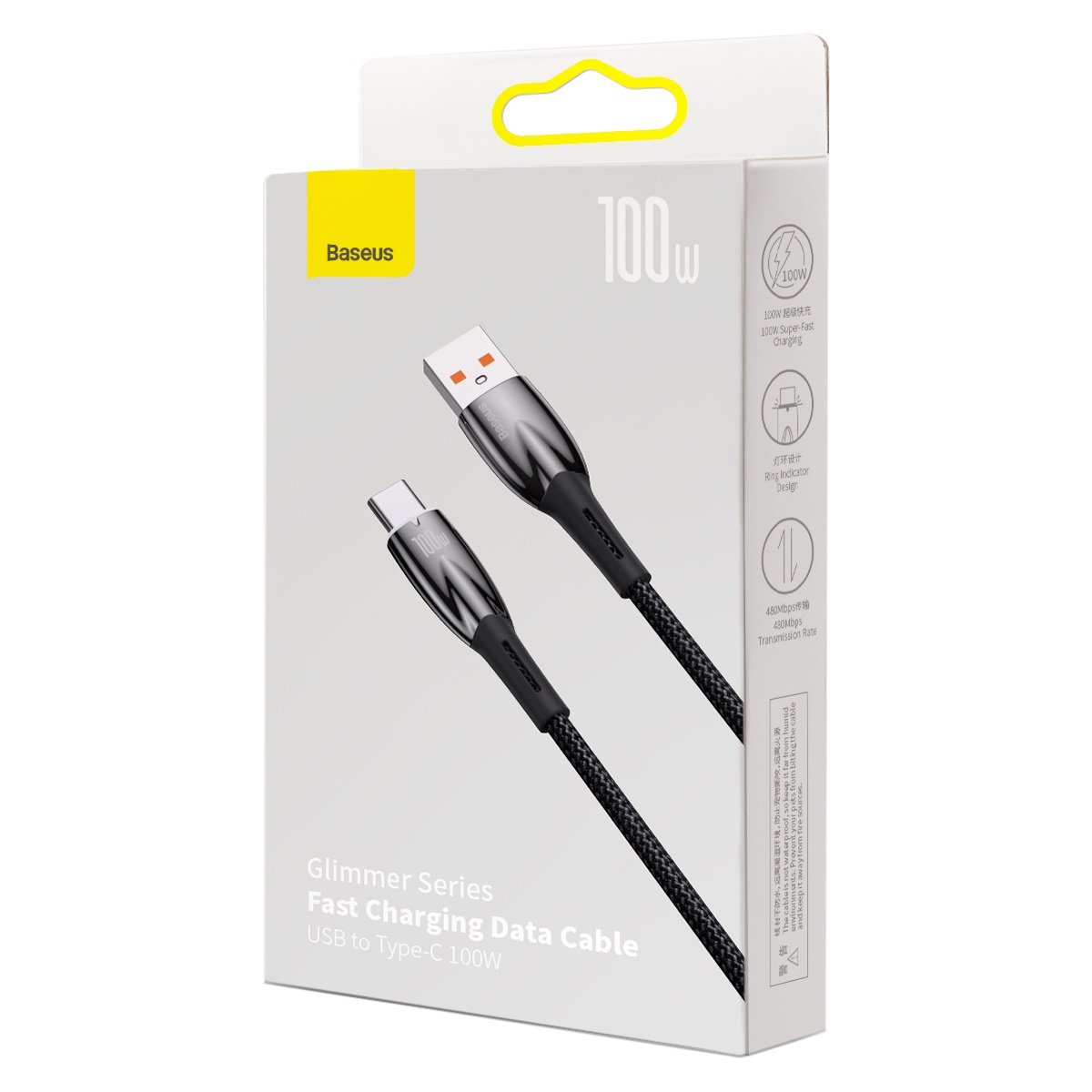 Kabel za Prijenos Podataka i Punjenje USB-A - USB-C Baseus Glimmer Series, 100W, 2m, Crni CADH000501