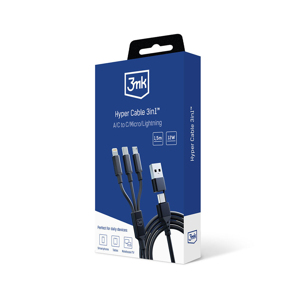Kabl za punjenje USB-A / USB-C - Lightning / microUSB / USB-C 3MK Hyper 3in1, 12W, 1.5m, Crni