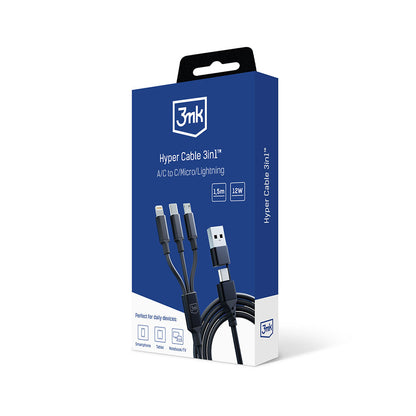 Kabl za punjenje USB-A / USB-C - Lightning / microUSB / USB-C 3MK Hyper 3in1, 12W, 1.5m, Crni