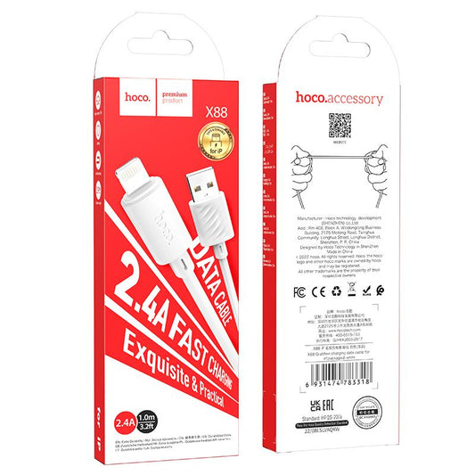 HOCO X88 USB-A - Lightning Data and Charging Cable HOCO X88, 18W, 1m, White 