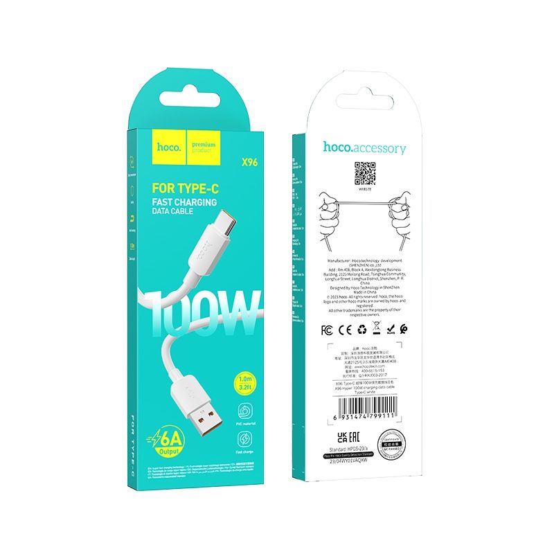Kabl za prenos podataka i punjenje USB-A - USB-C HOCO X96, 100W, 1m, Bel