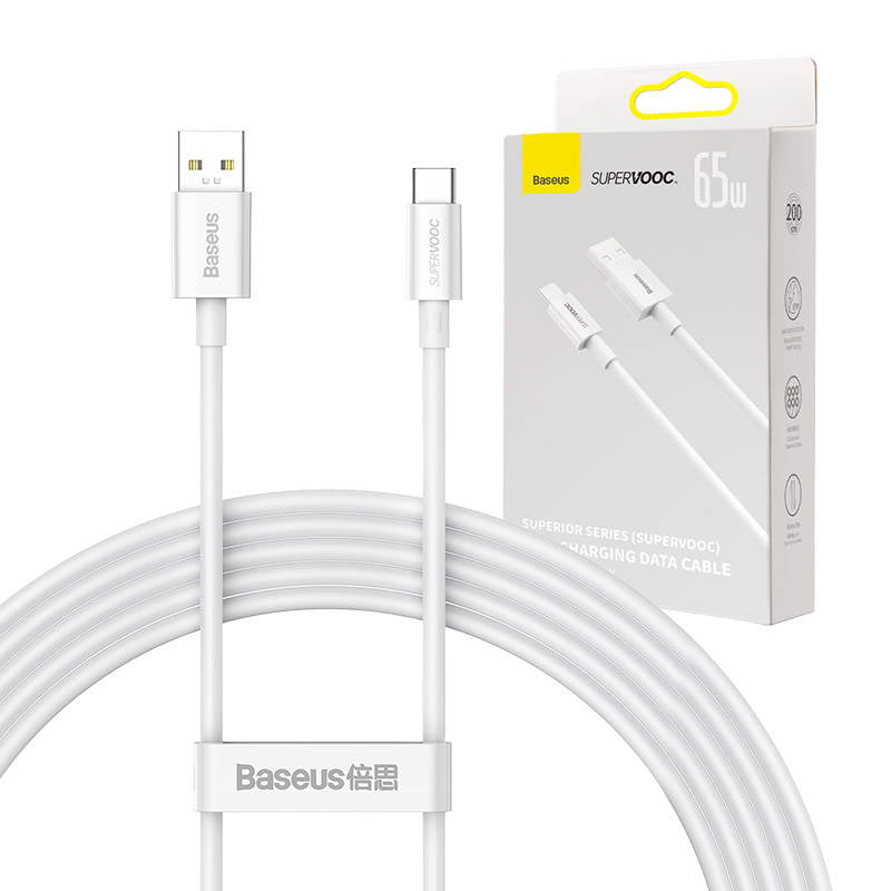 Kabel za Prijenos Podataka i Punjenje USB-A - USB-C Baseus Superior Series, 65W, 2m, Bijeli CAYS000901