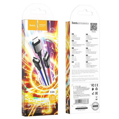 Kabl za punjenje USB-A - Lightning / microUSB / USB-C HOCO X76 3u1, 18W, 1m, Višebojni