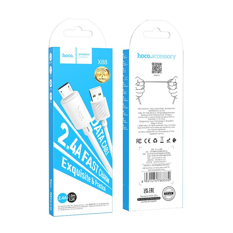 Kabel za Prijenos Podataka i Punjenje USB-A - microUSB HOCO X88, 18W, 1m, Bijeli