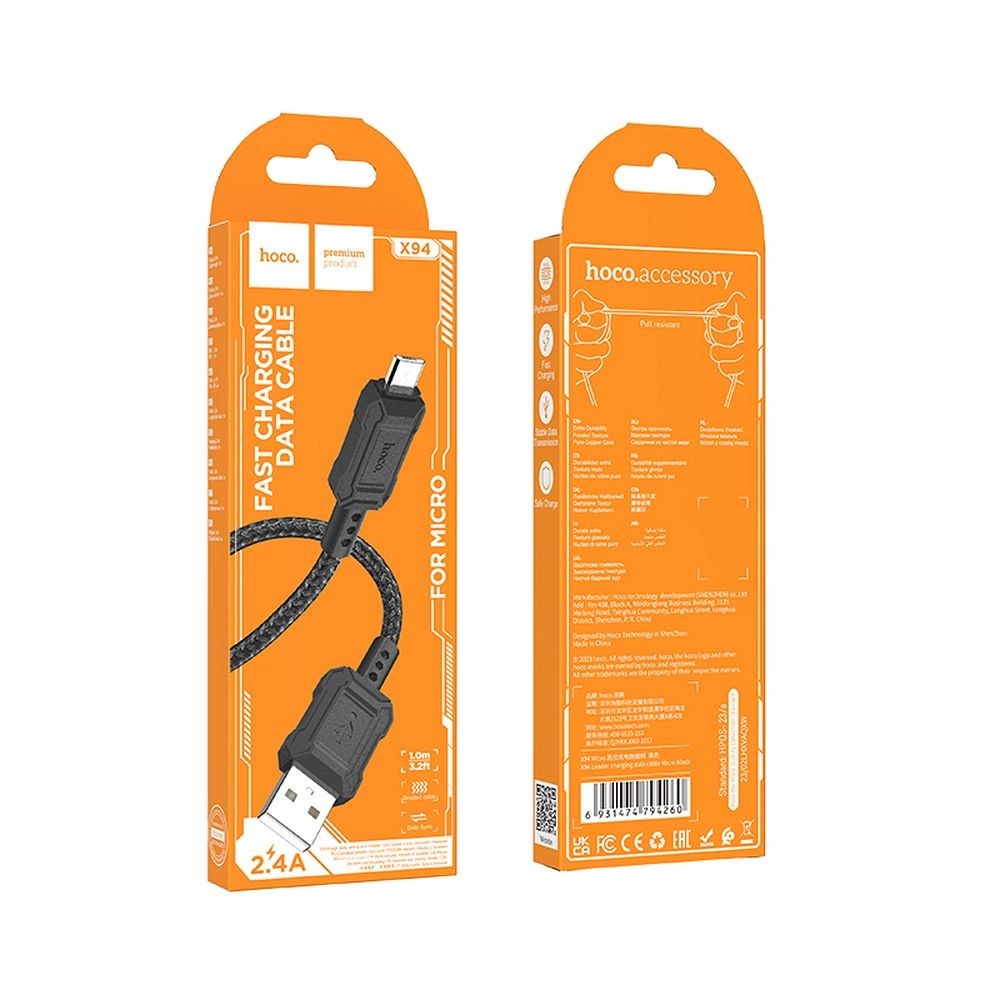 Kabl za podatke i punjenje USB-A - microUSB HOCO Leader X94, 18W, 1m, Crni