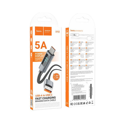 Kabl za podatke i punjenje USB-A - USB-C HOCO Display X112, 100W, 1m, Crni