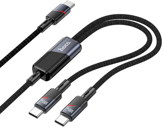 Kabl za prenos podataka i punjenje USB-C - 2 x USB-C HOCO U139 2u1, 100W, 1.2m, Crni