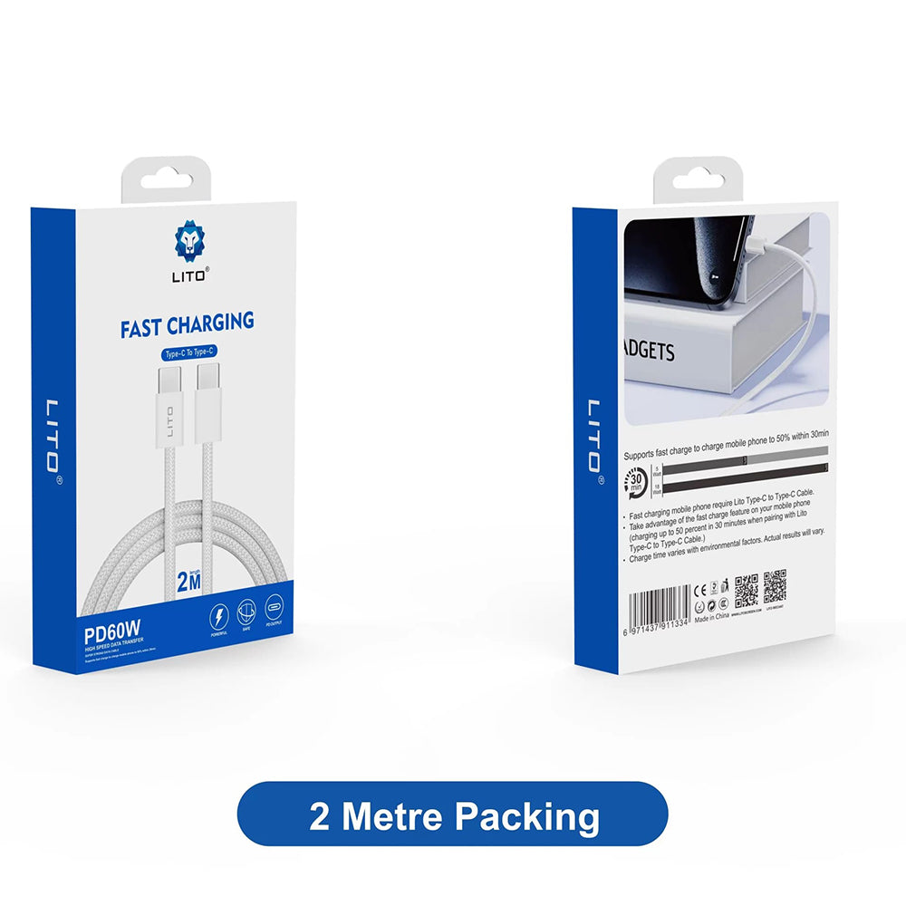 Kabl za podatke i punjenje USB-C - USB-C Lito LD04CC, 60W, 2m, Beli