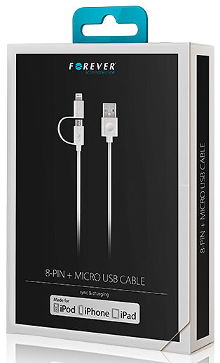 Kabel za Prijenos Podataka i Punjenje USB-A - Lightning / microUSB Forever MFi 2u1, 18W, 1m, Bijeli