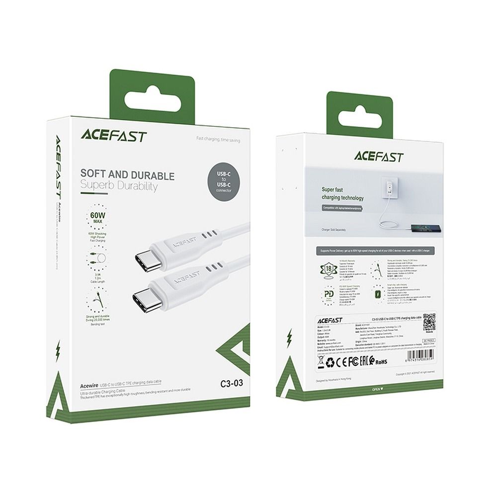 Kabl za podatke i punjenje USB-C - USB-C Acefast C3-03, 60W, 1.2m, Bel