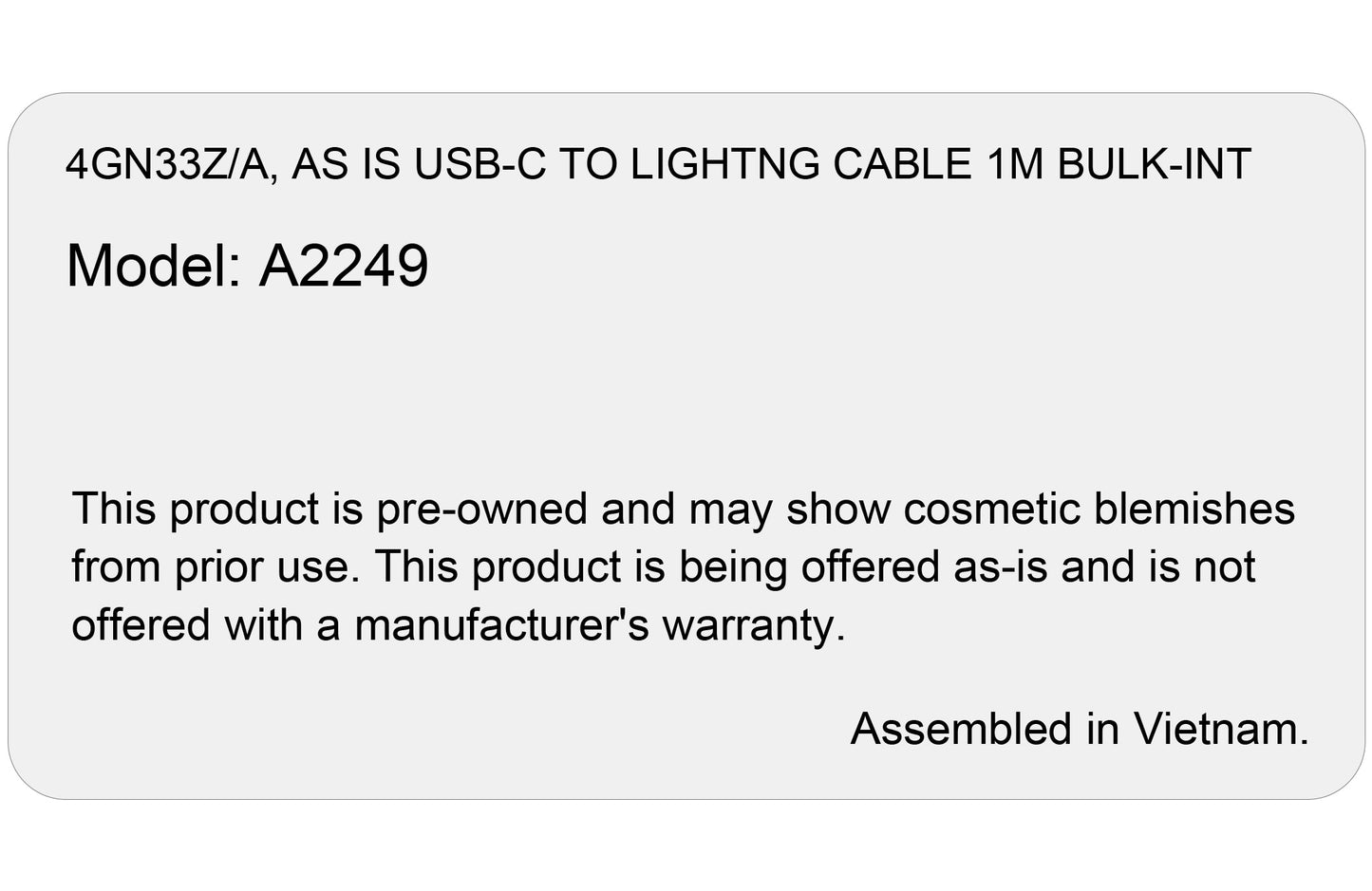 Kabel za Prijenos Podataka i Punjenje USB-C - Lightning Apple, 96W, 1m, Bijeli, As is 4GN33Z/A