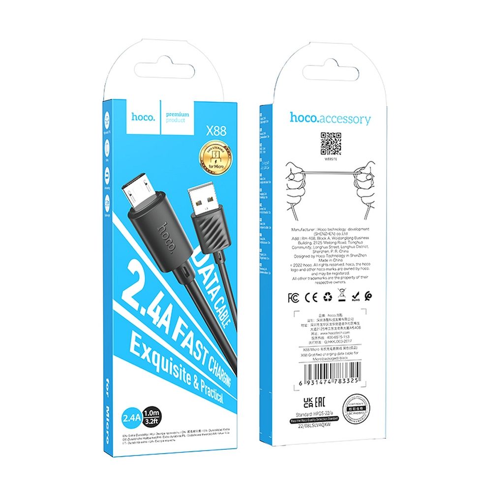 Kabel za Prijenos Podataka i Punjenje USB-A - microUSB HOCO X88, 18W, 1m, Crni