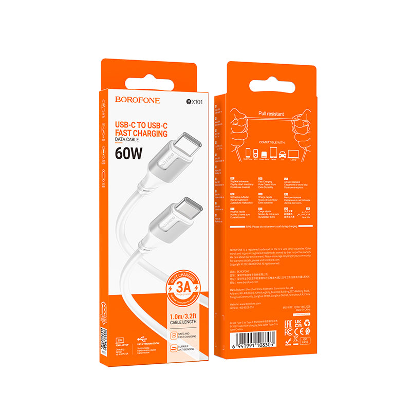 Kabl za Prenos Podataka i Punjenje USB-C - USB-C Borofone BX101 Creator, 60W, 1m, Beli