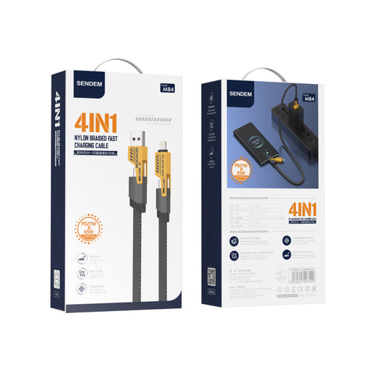 Data and Charging Cable USB-A / USB-C - Lightning / microUSB Sendem M84 2in1, 65W, 1m, Yellow 