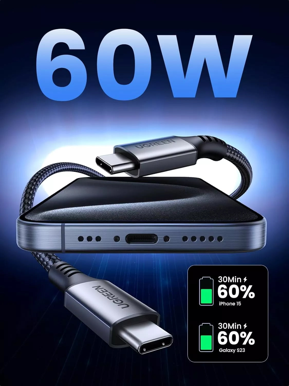 Kabl za Prenos Podataka i Punjenje USB-C - USB-C UGREEN US567, 60W, 2m, Sivi