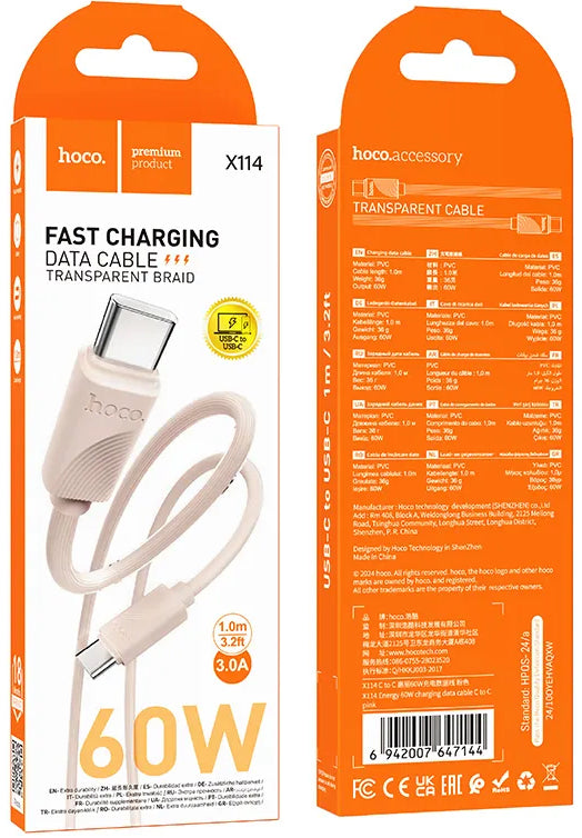 Kabl za prenos podataka i punjenje USB-C - USB-C HOCO X114, 60W, 1m, Roze