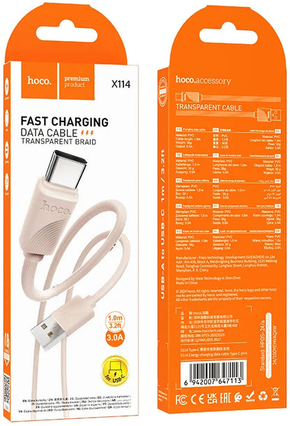 Kabl za podatke i punjenje USB-A - USB-C HOCO X114, 18W, 1m, Roze
