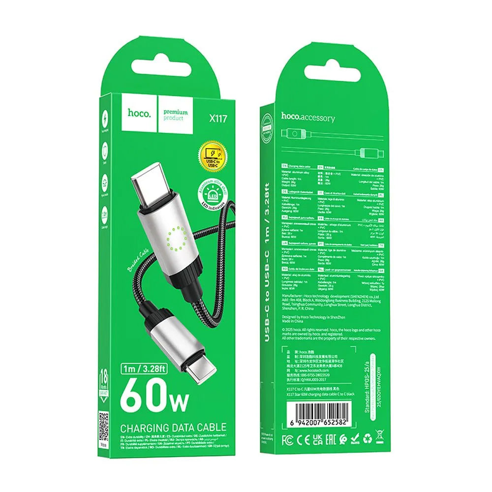 Kabl za prenos podataka i punjenje USB-C - USB-C HOCO X117, 60W, 1m, Crni