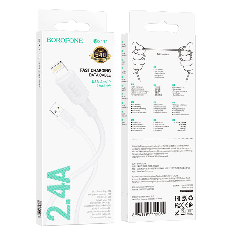 Kabl za Prenos Podataka i Punjenje USB-A - Lightning Borofone BX111 Feliz, 18W, 1m, Bela
