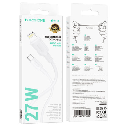 Kabl za prenos podataka i punjenje USB-C - Lightning Borofone BX111 Feliz, 27W, 1m, Bela