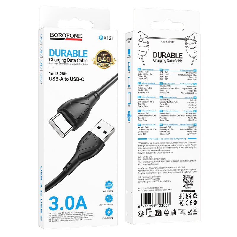Kabl za podatke i punjenje USB-A - USB-C Borofone BX121 Energy, 18W, 1m, Crni