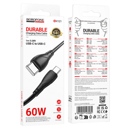 Kabl za prenos podataka i punjenje USB-C - USB-C Borofone BX121 Energy, 60W, 1m, Crni