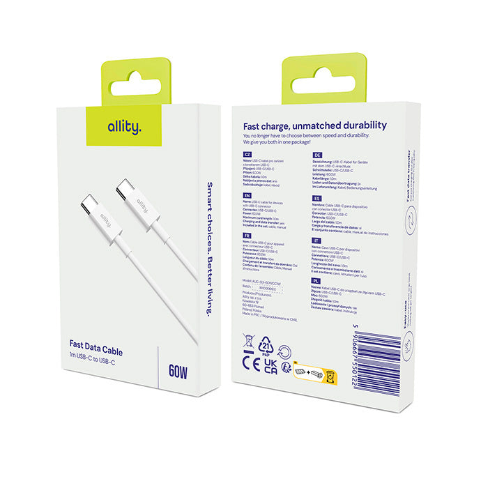 Kabl za prenos podataka i punjenje USB-C - USB-C Allity. AUC-03, 100W, 2m, Bela