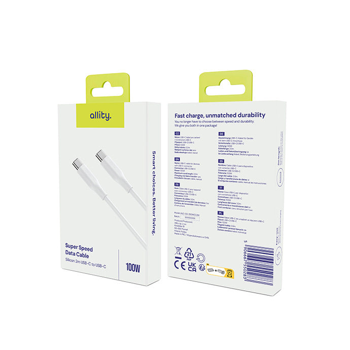 Kabl za podatke i punjenje USB-C - USB-C Allity. AUC-02, 100W, 2m, Bela