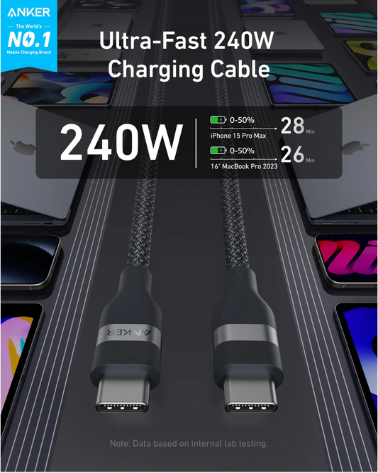 Kabl za prenos podataka i punjenje USB-C - USB-C Anker, 240W, 1.8m, Crni A82E2H12