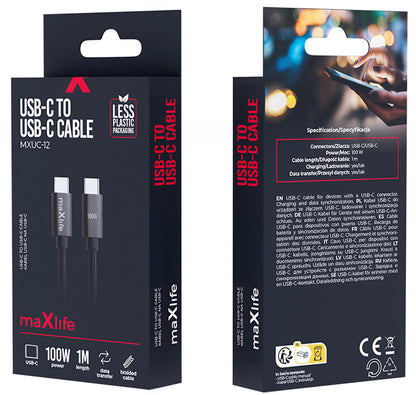 Kabl za podatke i punjenje USB-C - USB-C MaXlife MXUC-12, 100W, 1m, Crni