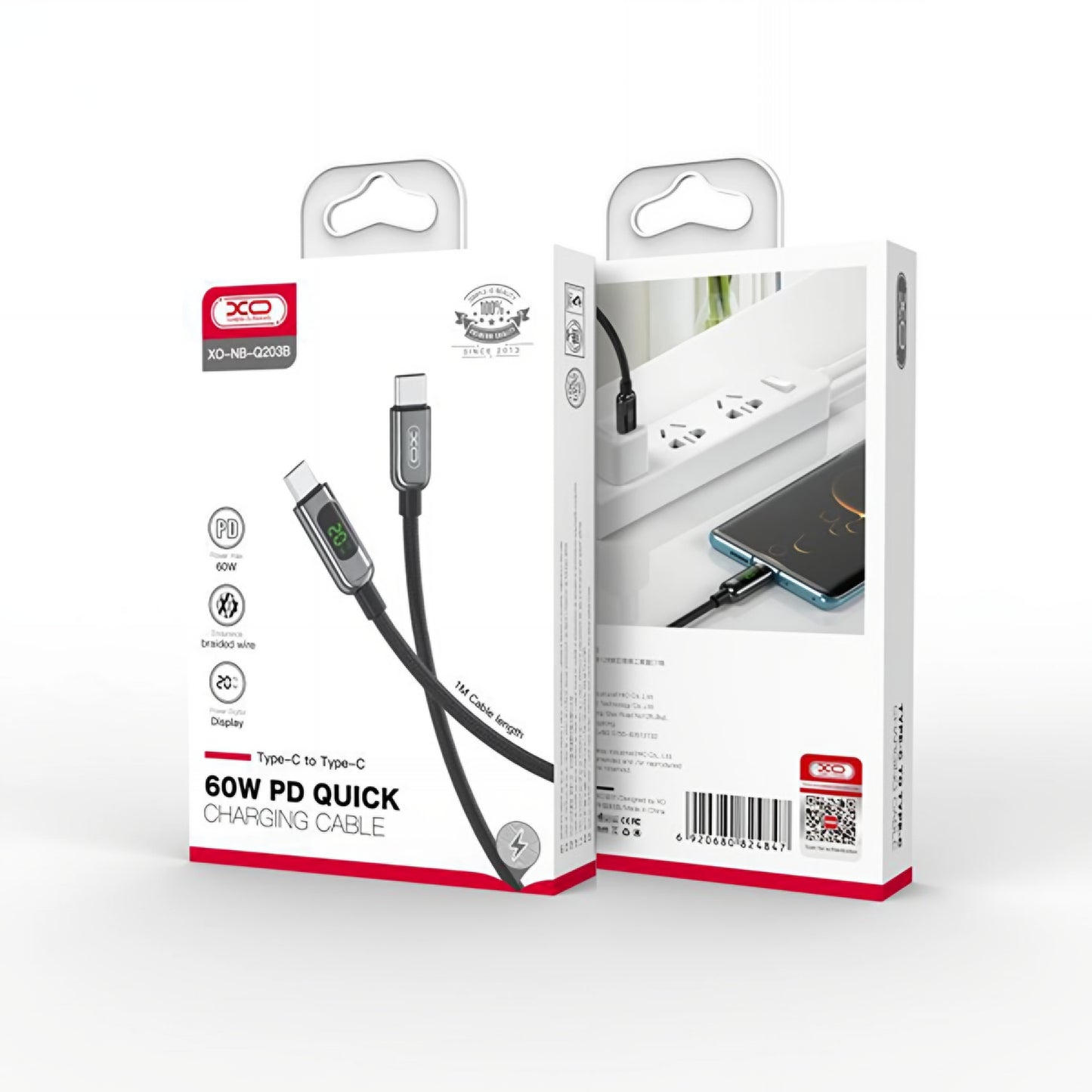 Kabl za podatke i punjenje USB-C - USB-C XO Design NB-Q203B Display, 60W, 1m, Crni