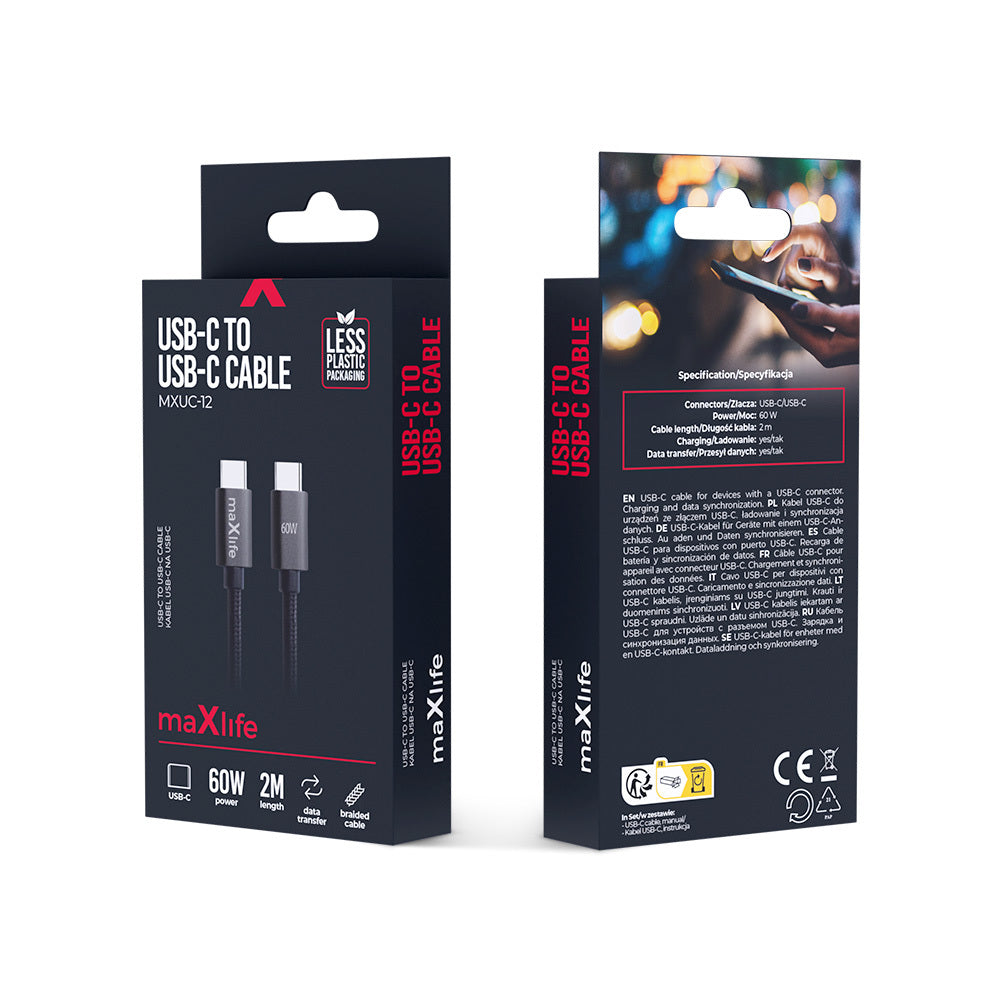 Kabl za prenos podataka i punjenje USB-C - USB-C MaXlife MXUC-12, 60W, 2m, Crni