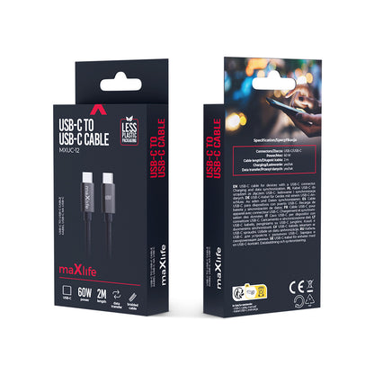 Kabl za prenos podataka i punjenje USB-C - USB-C MaXlife MXUC-12, 60W, 2m, Crni