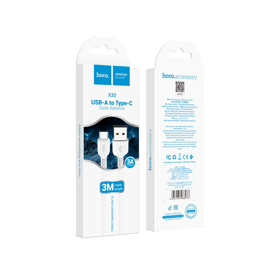 Kabl za prenos podataka i punjenje USB-A - USB-C HOCO Flash X20, 18W, 3m, Bela