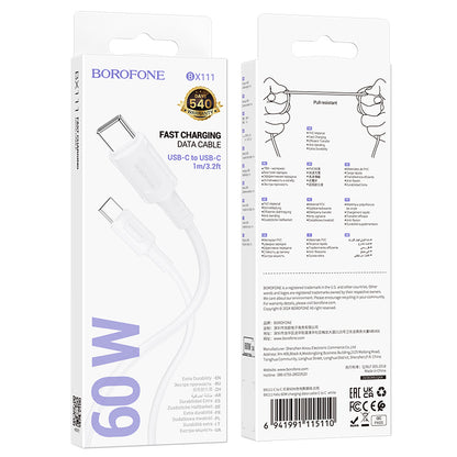 Kabl za Prenos Podataka i Punjenje USB-C - USB-C Borofone BX111 Feliz, 60W, 1m, Beli