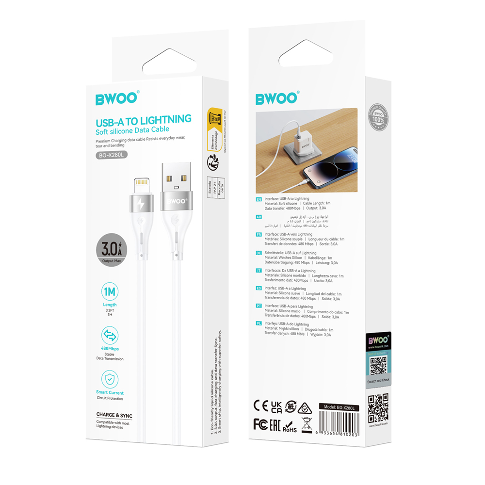 Kabl za prenos podataka i punjenje USB-A - Lightning BWOO X280L, 15W, 1m, Bela