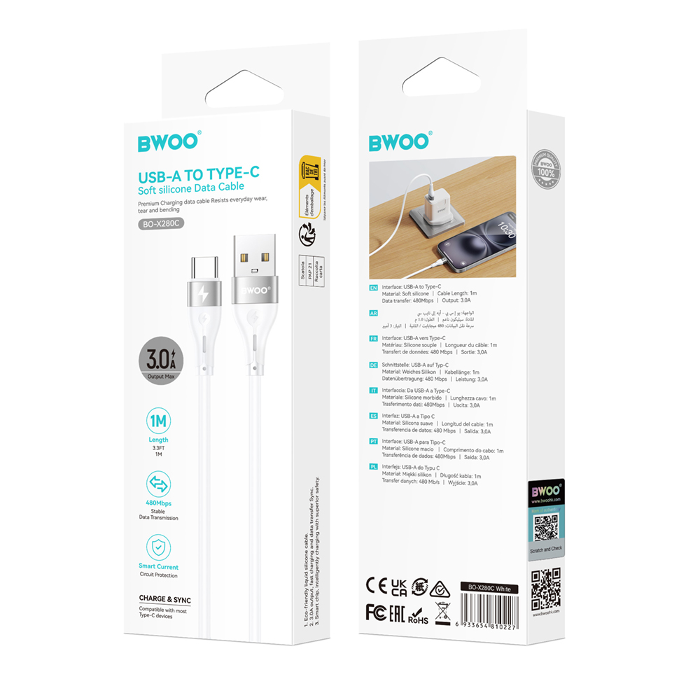 Kabl za prenos podataka i punjenje USB-A - USB-C BWOO X280C, 15W, 1m, Bela