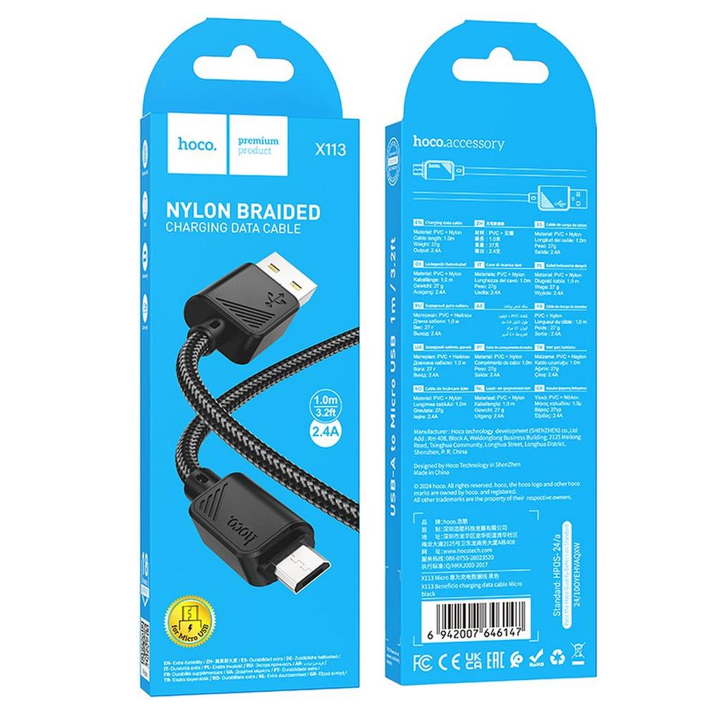 Kabl za prenos podataka i punjenje USB-A - microUSB HOCO X113, 18W, 1m, Crni