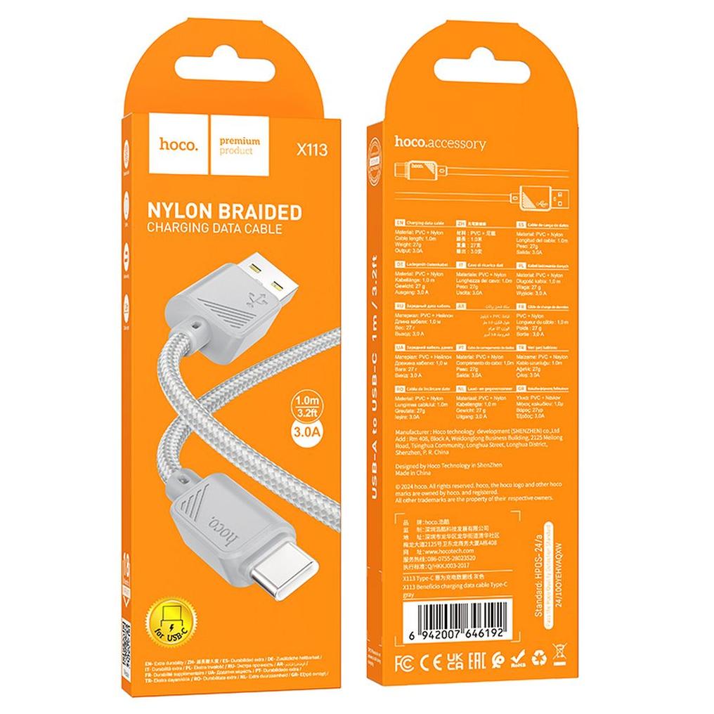 Kabl za prenos podataka i punjenje USB-A - USB-C HOCO X113, 18W, 1m, Siva