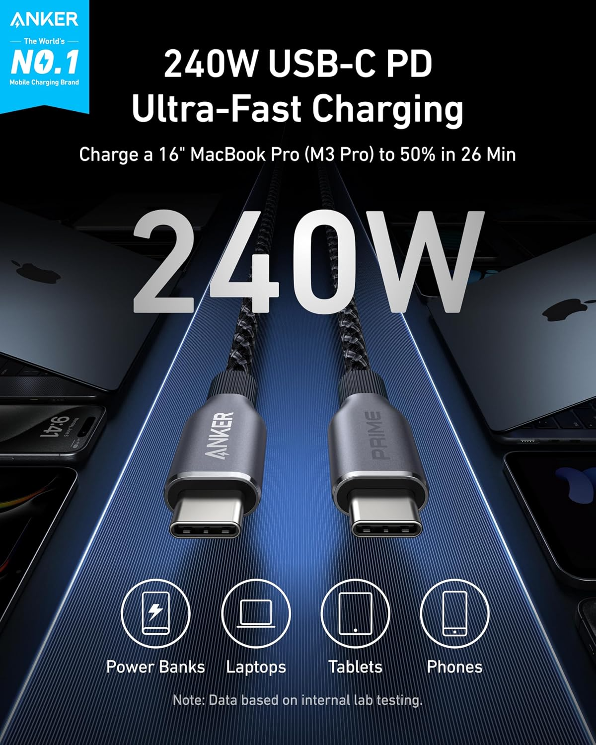 Anker Prime USB-C na USB-C kabl za prenos podataka i punjenje, 240 W, 0,9 m, crni A88E2011