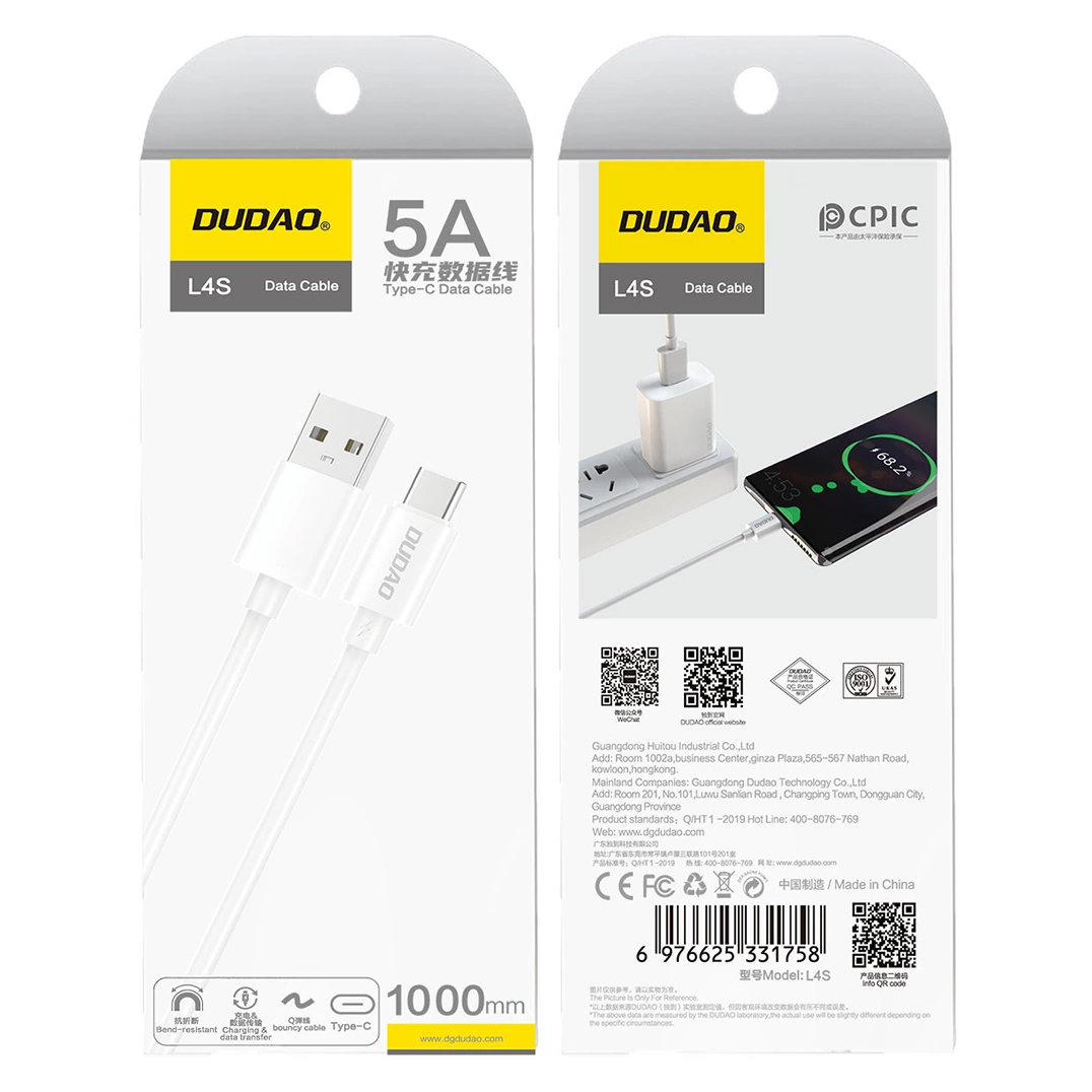 Kabl za prenos podataka i punjenje USB-A - USB-C Dudao L4ST, 100W, 1m, Bela