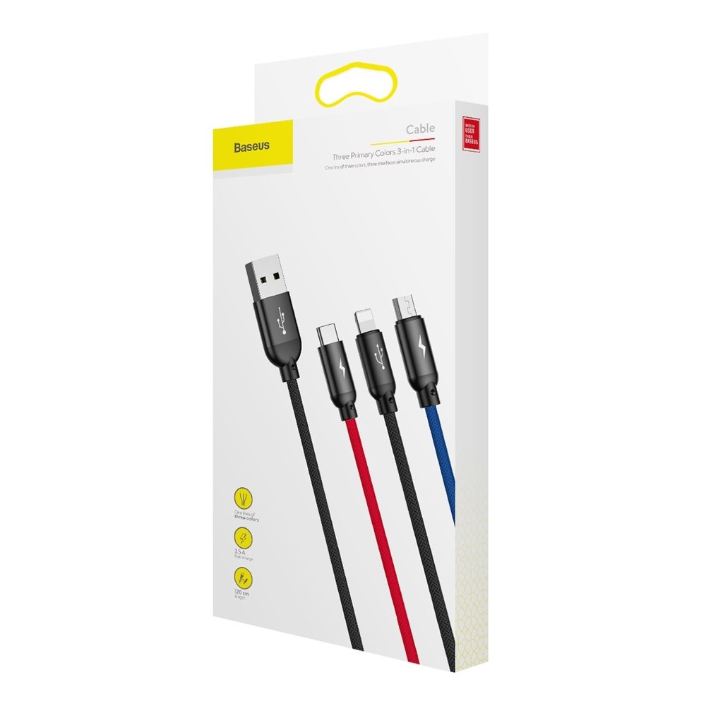 Kabl za punjenje USB-A - Lightning / microUSB / USB-C Baseus Colors 3in1, 20W, 1.2m, Crni CAMLT-BSY01
