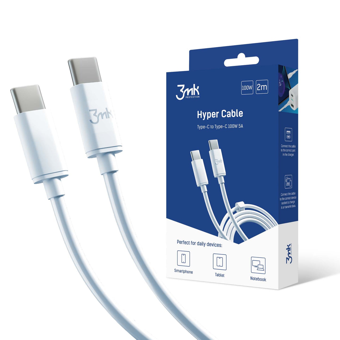 USB-C - USB-C kabl za prenos podataka i punjenje 3MK Hyper, 100W, 2m, Bela
