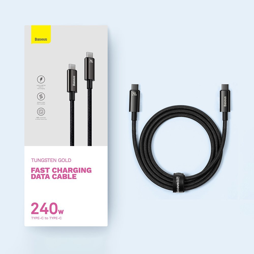 Kabel za Prijenos Podataka i Punjenje USB-C - USB-C Baseus Tungsten Gold, 240W, 2m, Crni CAWJ040101