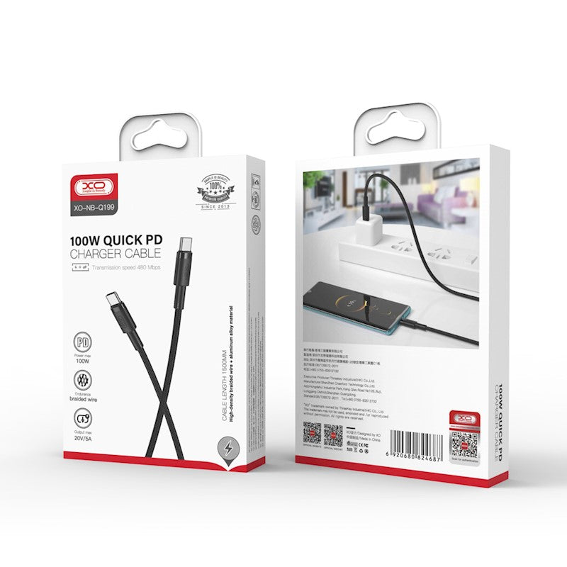 Kabl za Prenos Podataka i Punjenje USB-C - USB-C XO Design NB-Q199, 100W, 1.5m, Crni