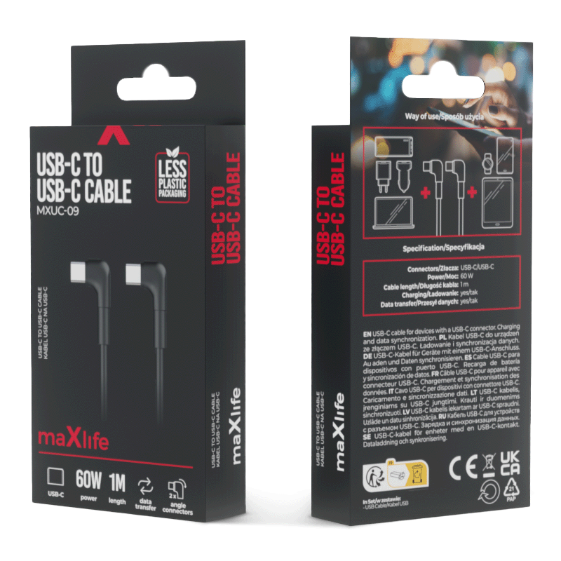 USB-C Data and Charging Cable - USB-C MaXlife MXUC-09 Angled, 60W, 1m, Black 