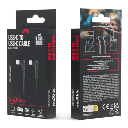 USB-C Data and Charging Cable - USB-C MaXlife MXUC-09 Angled, 60W, 1m, Black 