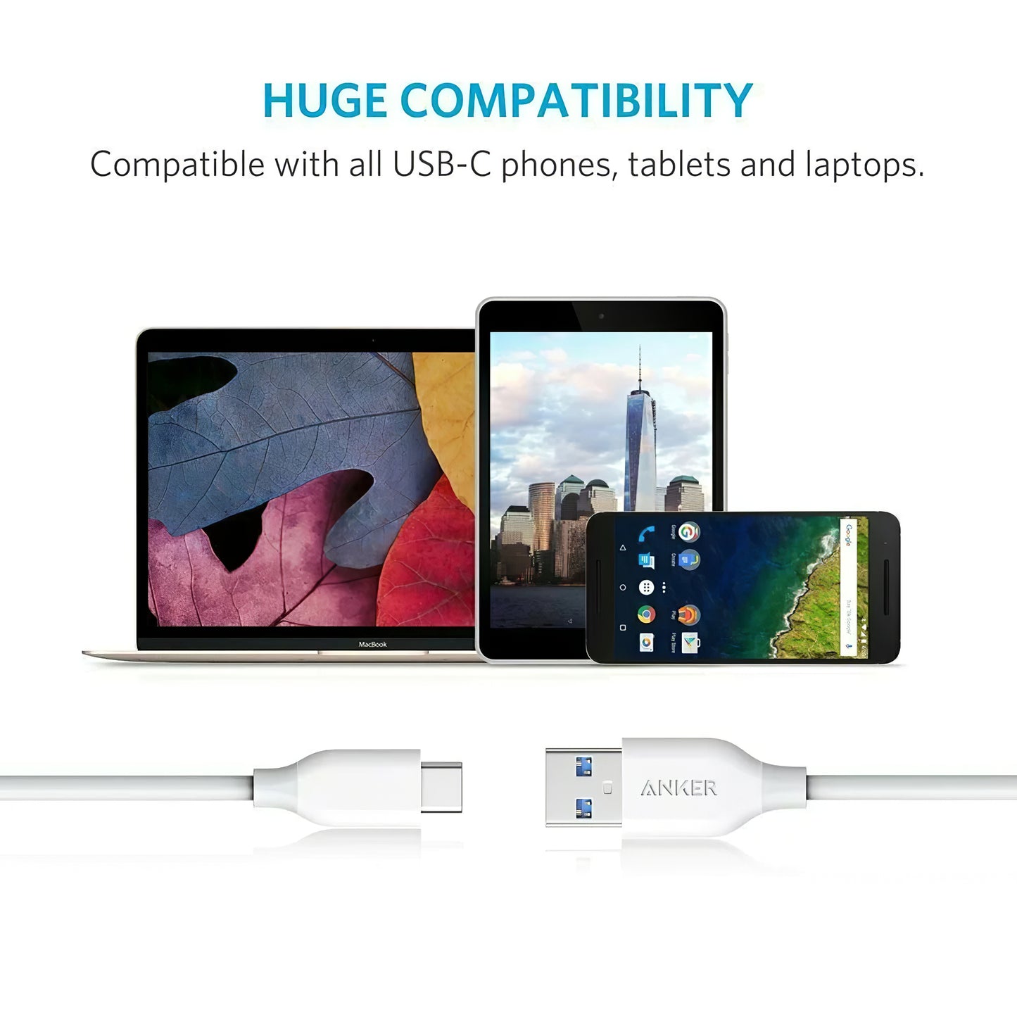 Kabl za Prenos Podataka i Punjenje USB-A - USB-C Anker PowerLine, 18W, 0.9m, Beli A8163021