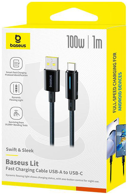 Kabl za podatke i punjenje USB-A - USB-C Baseus Lit Button Control, 100W, 1m, Crni P10379002121-00
